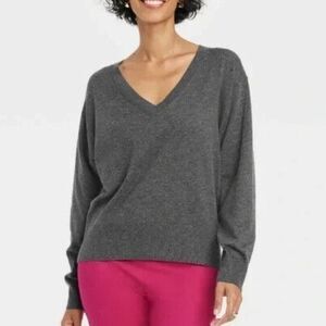 Women's Fine Gauge V-Neck Long Sleeve Sweater - A New Day (Size -L) GRAY - NEW!!